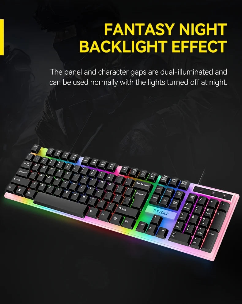 4-in-1 Wired Keyboard and Mouse Set, USB Plug Keyboard and Mouse Suitable for Laptops & Desktops, 104 Keys with RGB Backlighting
