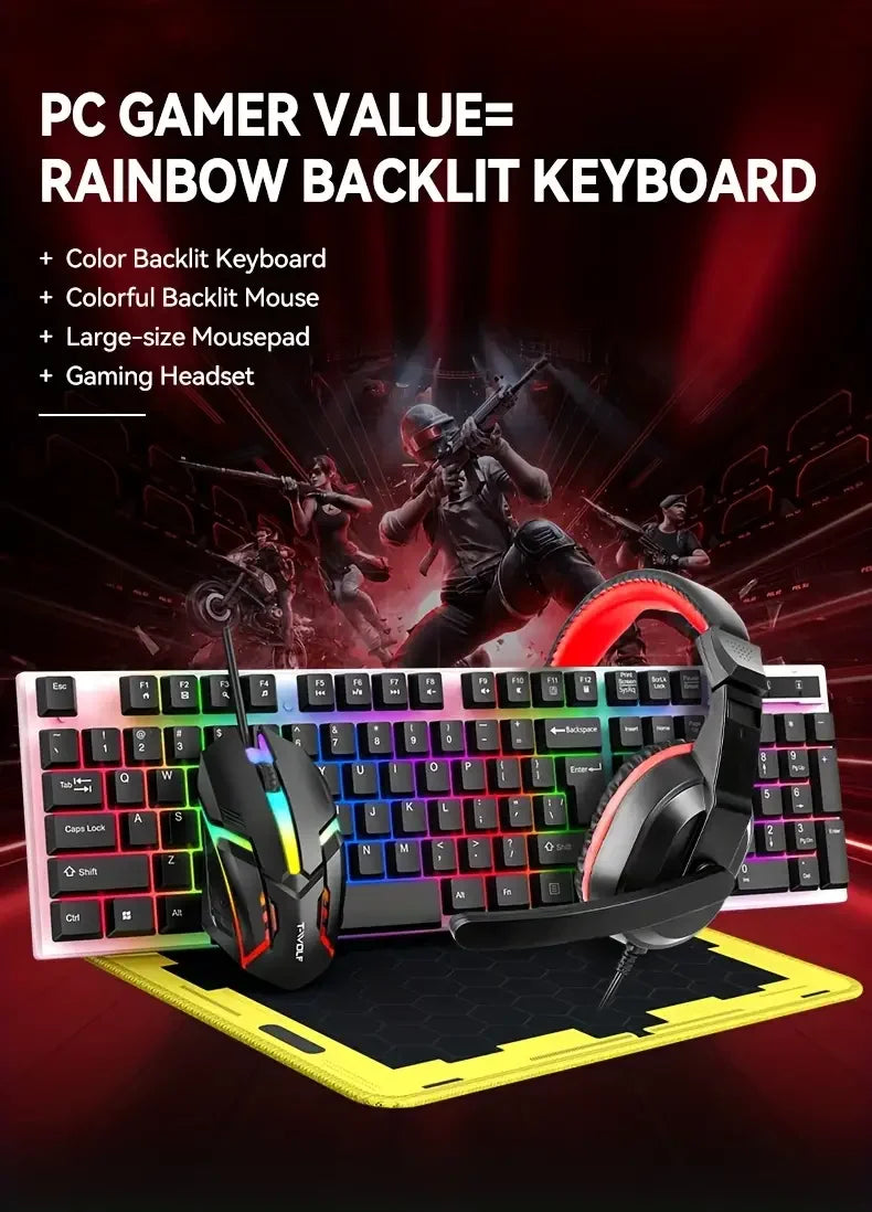 4-in-1 Wired Keyboard and Mouse Set, USB Plug Keyboard and Mouse Suitable for Laptops & Desktops, 104 Keys with RGB Backlighting
