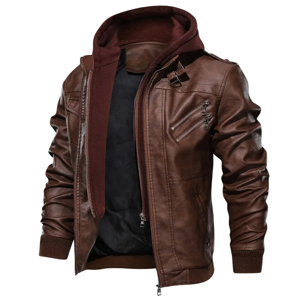 Men Jackets Fake Two Leather Jacket Double Zipper Removable Hooded Biker Leather Coat Male Cardigan Overcoat