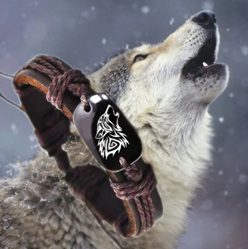 Wolf Pendant Leather Bracelet Men’s Adjustable Tribal Design Wristband Stylish Wolf Head Jewelry for Fashion Lovers