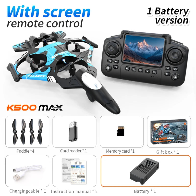 K500 MAX is equipped with a screen, a 2.4G remote-controlled aerobatic gliding fighter jet and a 360° rolling drone toy gift