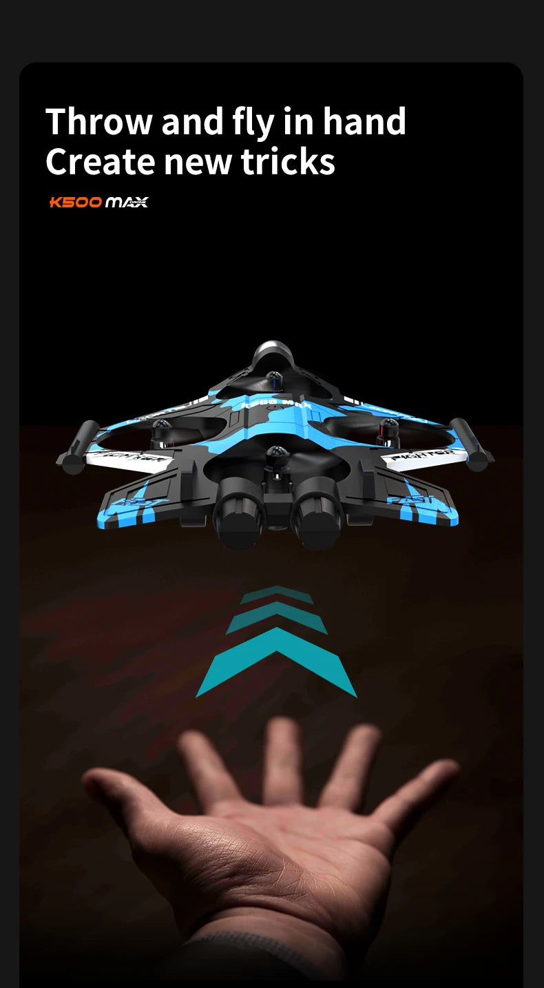 K500 MAX is equipped with a screen, a 2.4G remote-controlled aerobatic gliding fighter jet and a 360° rolling drone toy gift