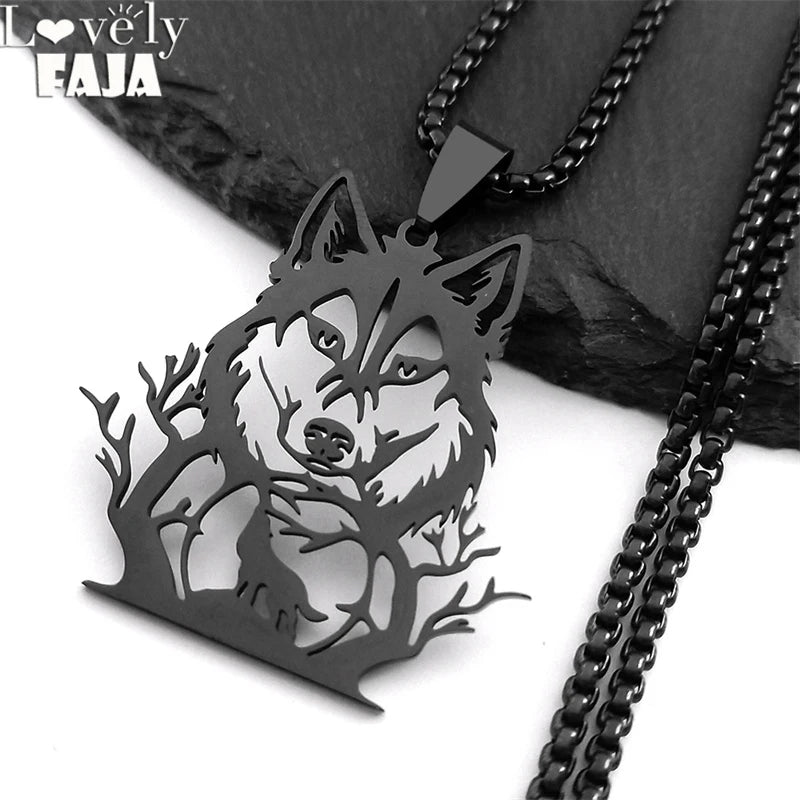 Goth Full Moon Wolf Head Pendant Necklace Women Men Black Color Forest Tree Hollow Animal Necklaces Jewelry Party Gifts N2032S03