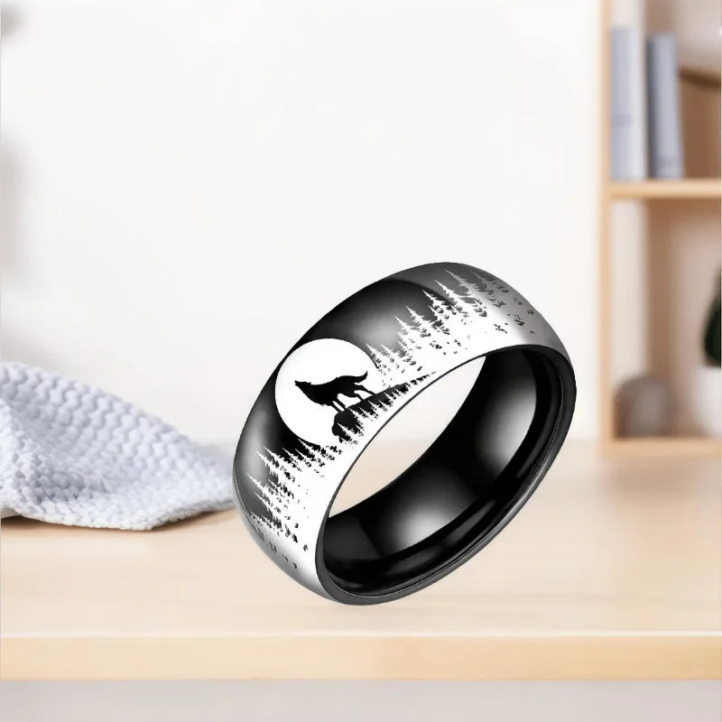 8MM Fashion Moon Wolf Men Stainless Steel Jewelry Wedding Band Steel Rings Women Men Engagement Party Unisex Ring For Gift
