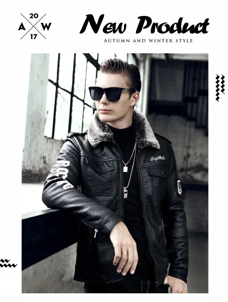 High Quality Luxury Mens Leather Jacket Plush Real Fur Coat Jackets Handsome Fashionable Young Man Winter Genuine Leather Coat