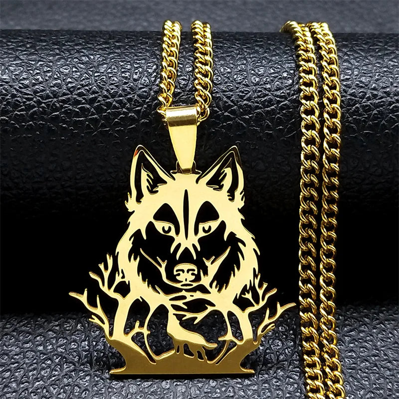 Goth Full Moon Wolf Head Pendant Necklace Women Men Black Color Forest Tree Hollow Animal Necklaces Jewelry Party Gifts N2032S03