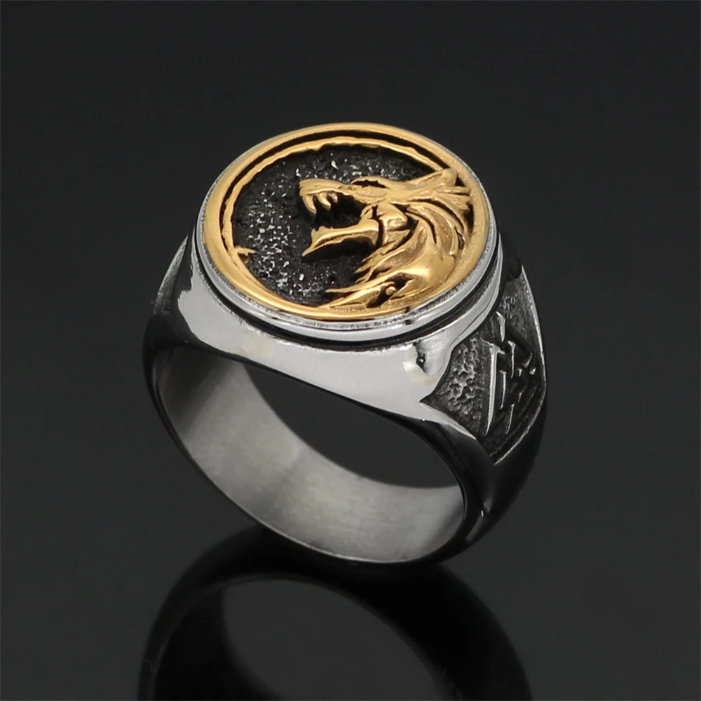 Punk Gold Color Odin Wolf Signet Rings Men Stainless Steel Norse Mythology Geri&Freki Amulet Ring Retro Viking Icelandic Jewelry