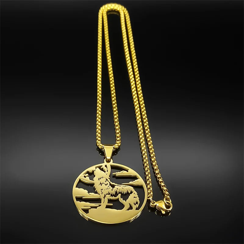 Roar Wolf Crowd Pendant Necklace For Women Men Stainless Steel Gold Silver Color Sky Animal Lover Man Chain Jewelry Gifts