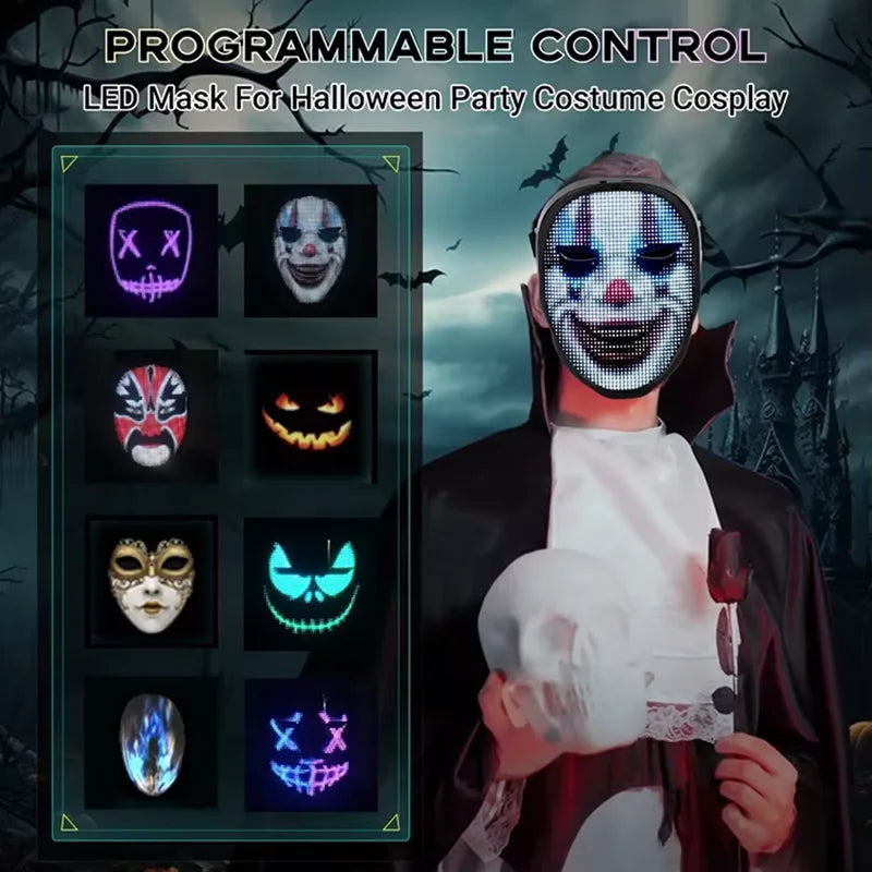 Led Mask with Gesture Sensing,Bluetooth APP Control Programmable Smart Display Face Transforming Light Up Halloween Mask