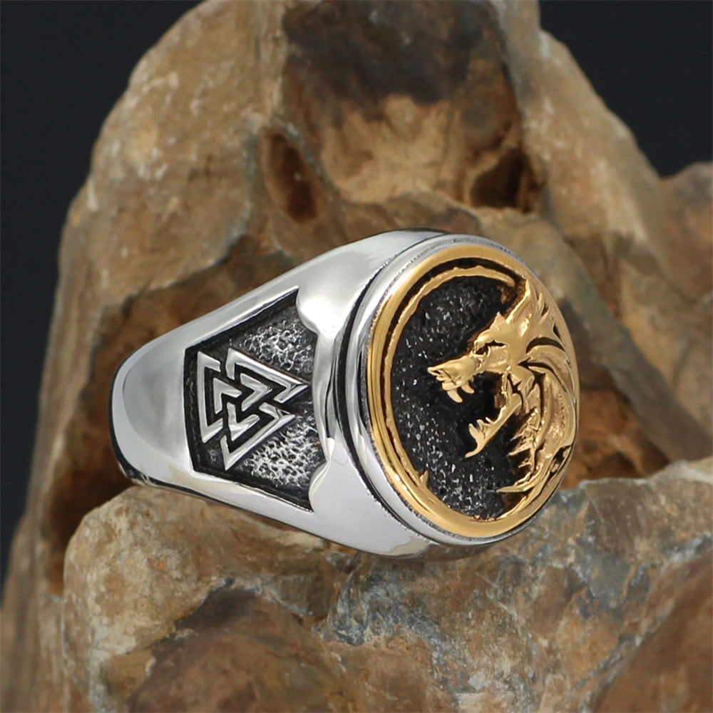 Punk Gold Color Odin Wolf Signet Rings Men Stainless Steel Norse Mythology Geri&Freki Amulet Ring Retro Viking Icelandic Jewelry