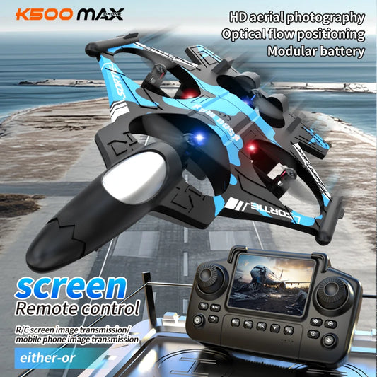 K500 MAX is equipped with a screen, a 2.4G remote-controlled aerobatic gliding fighter jet and a 360° rolling drone toy gift