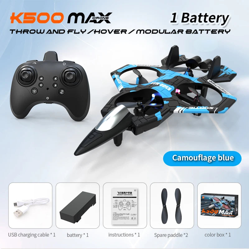 K500 MAX is equipped with a screen, a 2.4G remote-controlled aerobatic gliding fighter jet and a 360° rolling drone toy gift