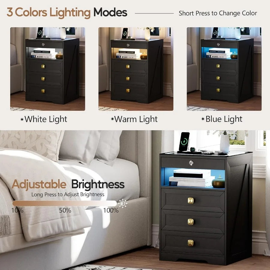 Modern farmhousestyle nightstand with lockable gun drawer builtin charging station and 3 LED lights for bedroom safety and conv