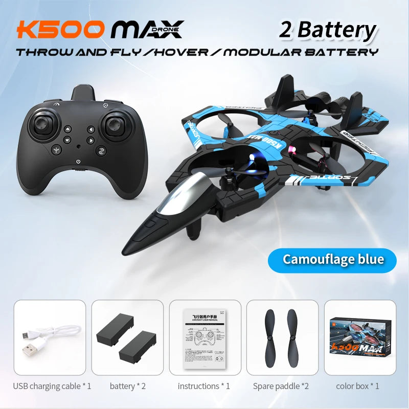 K500 MAX is equipped with a screen, a 2.4G remote-controlled aerobatic gliding fighter jet and a 360° rolling drone toy gift